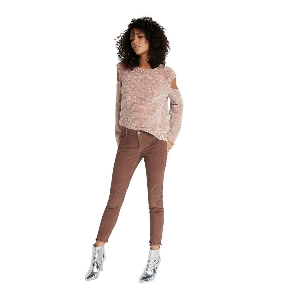 NWT EXPRESS Pink Metallic Cold Shoulder Chenille Sweater Small Bell Sleeve S NEW